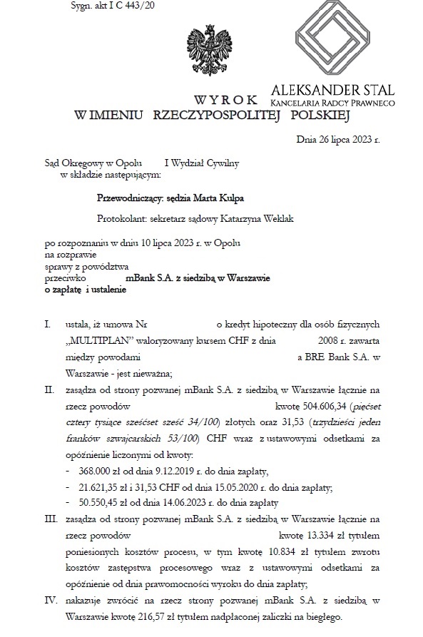 wyrok w sprawie kredytu frankowego mBank Opole